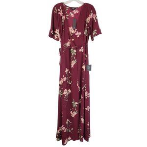 Lulus September Sunsets Wrap Dress Womens Small Burgundy Maxi Floral Flowy Gown